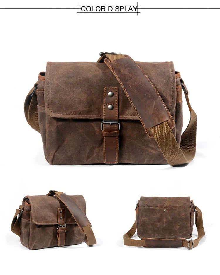 Retro Canvas Camera Bag – Waterproof Messenger Crossbody Bag with Camera Divider, 12" Laptop Pocket