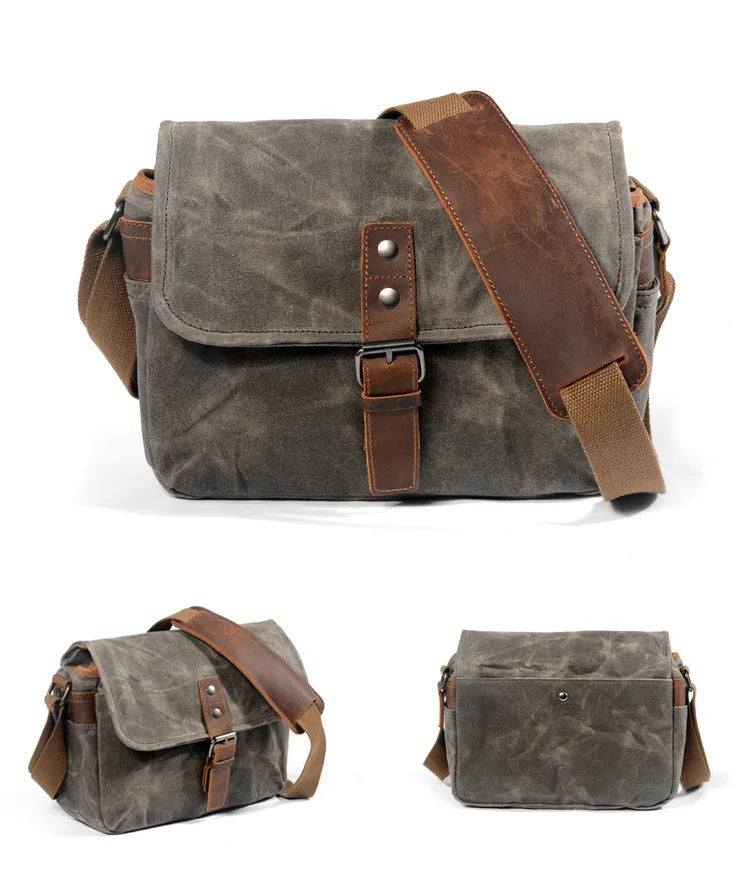 Retro Canvas Camera Bag – Waterproof Messenger Crossbody Bag with Camera Divider, 12" Laptop Pocket