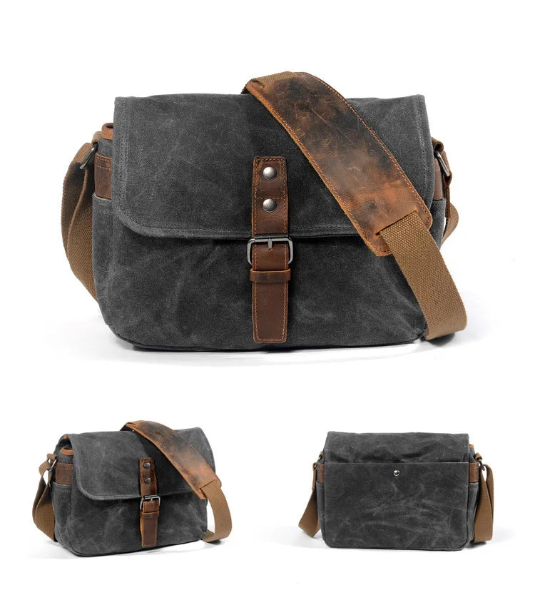 Retro Canvas Camera Bag – Waterproof Messenger Crossbody Bag with Camera Divider, 12" Laptop Pocket