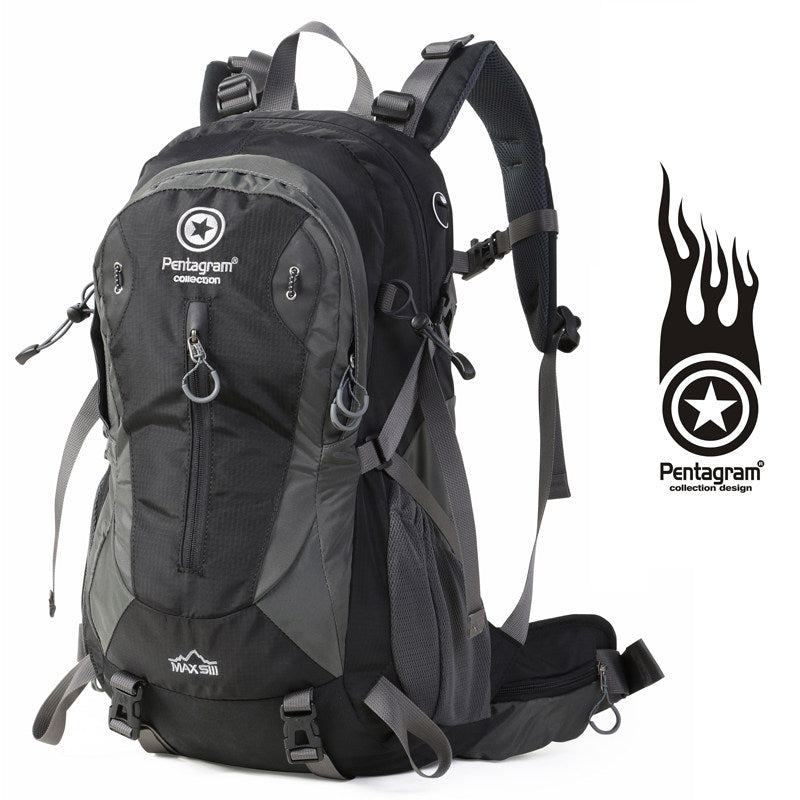 Pentagram Outdoor Hiking Backpack 25L in Black – Waterproof Nylon Frame Pack with Rain Cover