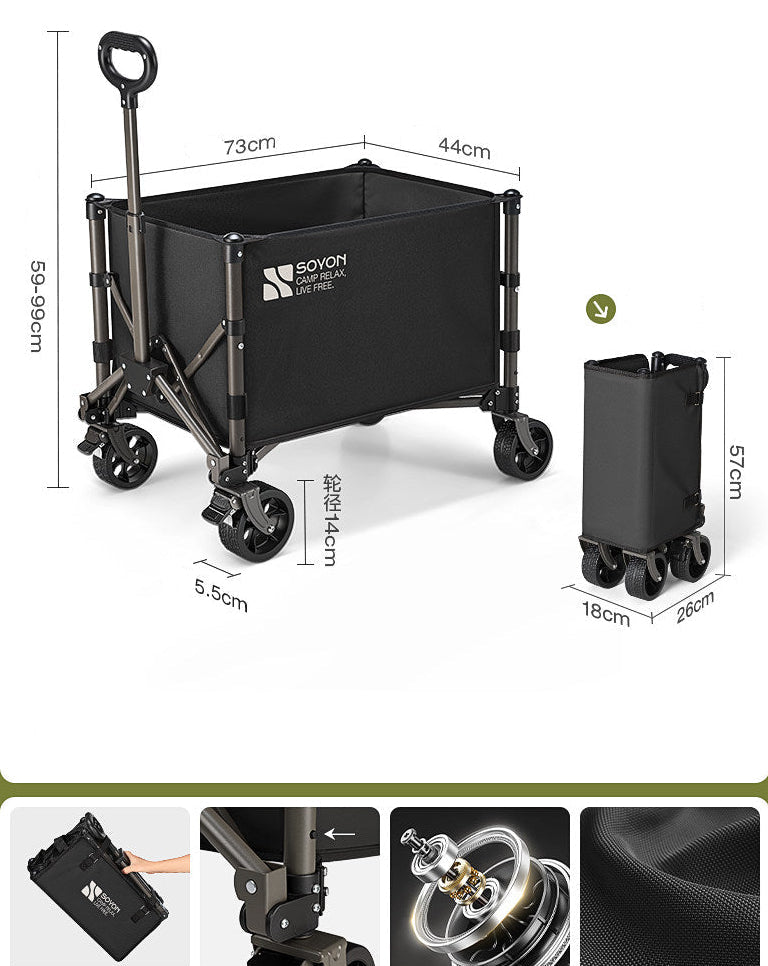 Fast Camp folding camping wagon in black, dual brake off-road wheels with gather storage bag, 100-150kg load capacity
