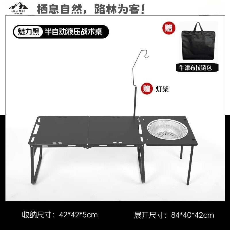 Lurin Outdoor Folding Tactical IGT Table – Medium with Fireplace Set, Light Stand & Oxford Storage Bag | Camping Bundle
