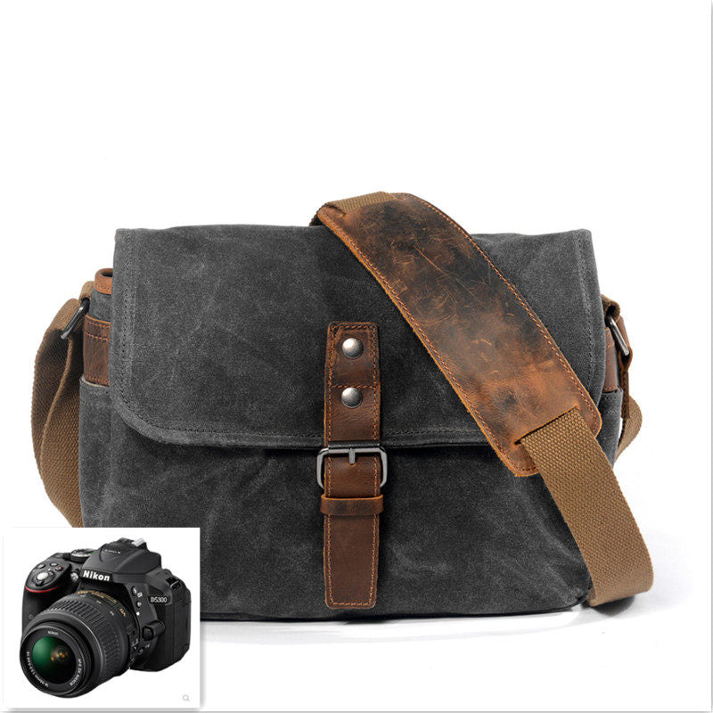 Retro Canvas Camera Bag in Dark Gray – 30×10×20cm | Waterproof Crossbody Messenger Bag with Removable Camera Divider
