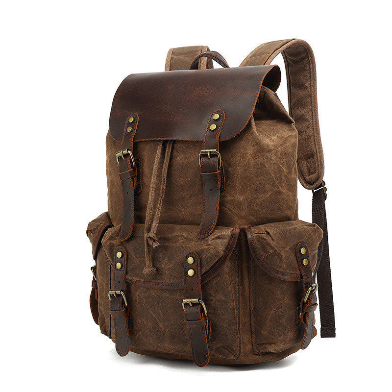 Retro Canvas Laptop Backpack in Coffee with Cowhide Trim – 30×11×50cm | Waterproof Unisex Travel Bag with 16" Laptop Pocket
