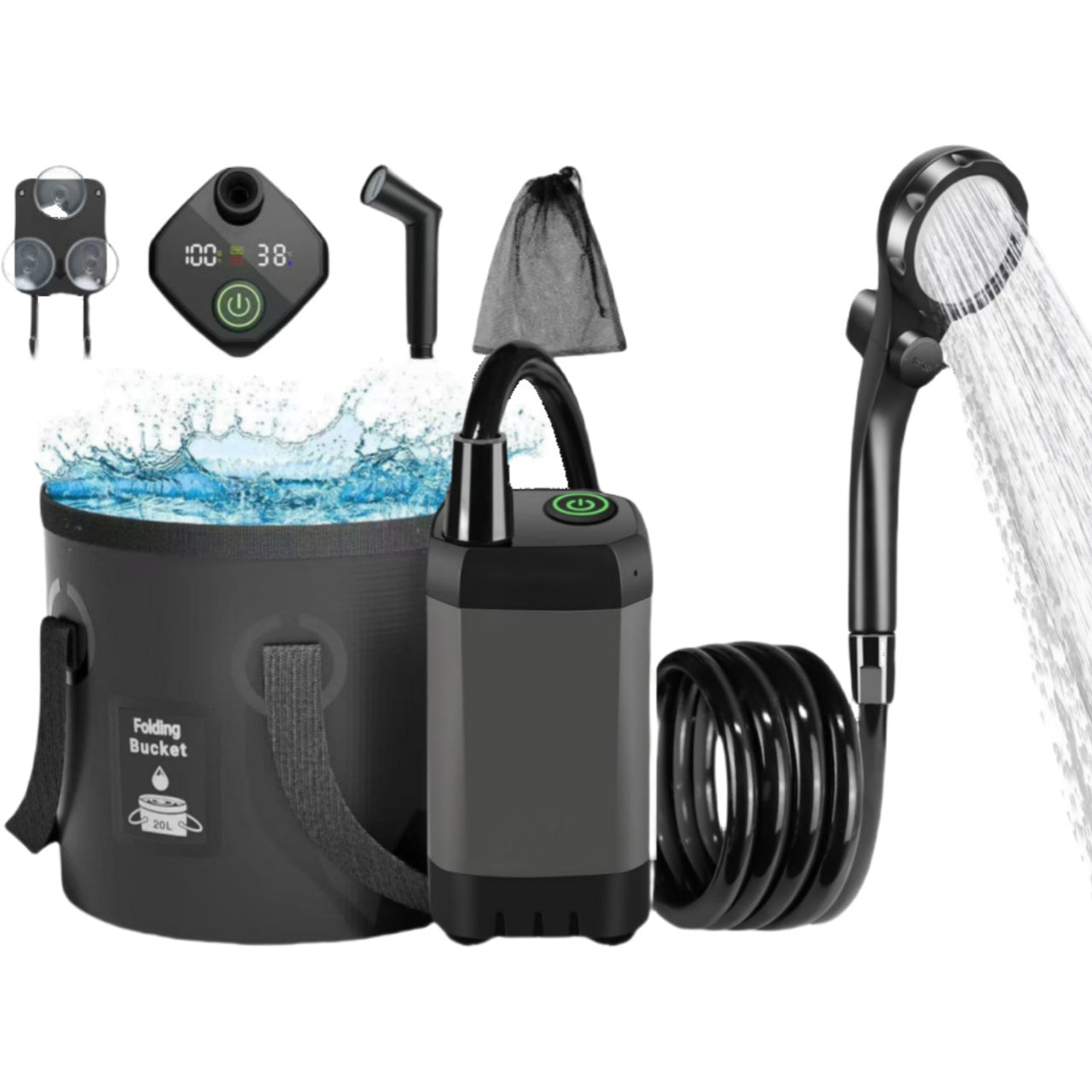 Portable Electric Outdoor Shower Kit – 6000mAh Gray with Bathtub & Airbrush | Full Camping Shower Set
