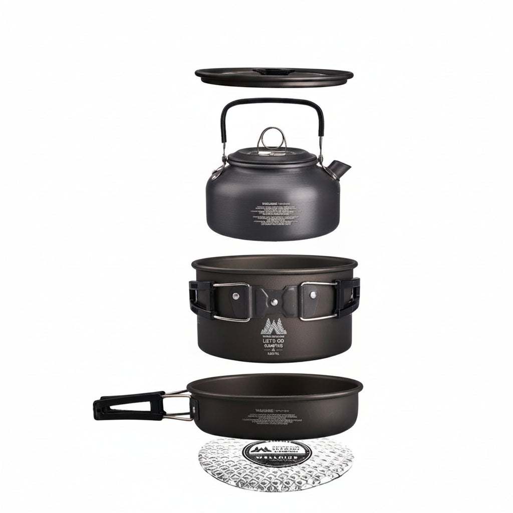 WELLHIKE lightweight camping cookware set with pot mat, aluminum alloy, 1–2 person – kettle 800ml, big pot 1800ml, frying pan 1800ml
