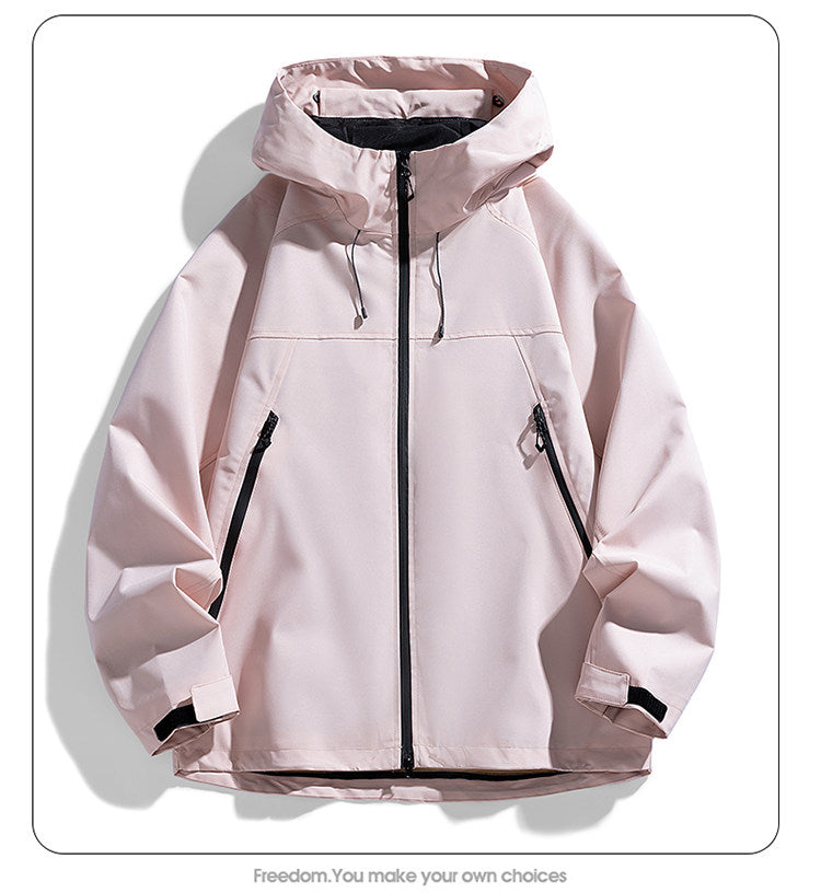 Men's & Women's Waterproof Windbreaker Hiking Jacket in Light Pink – Hooded Zip-Front Outdoor Jacket | XL–3XL
