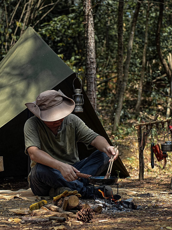 Night Warden Cast Iron Camping Wok – Portable Bushcraft Pan with Wooden Handle