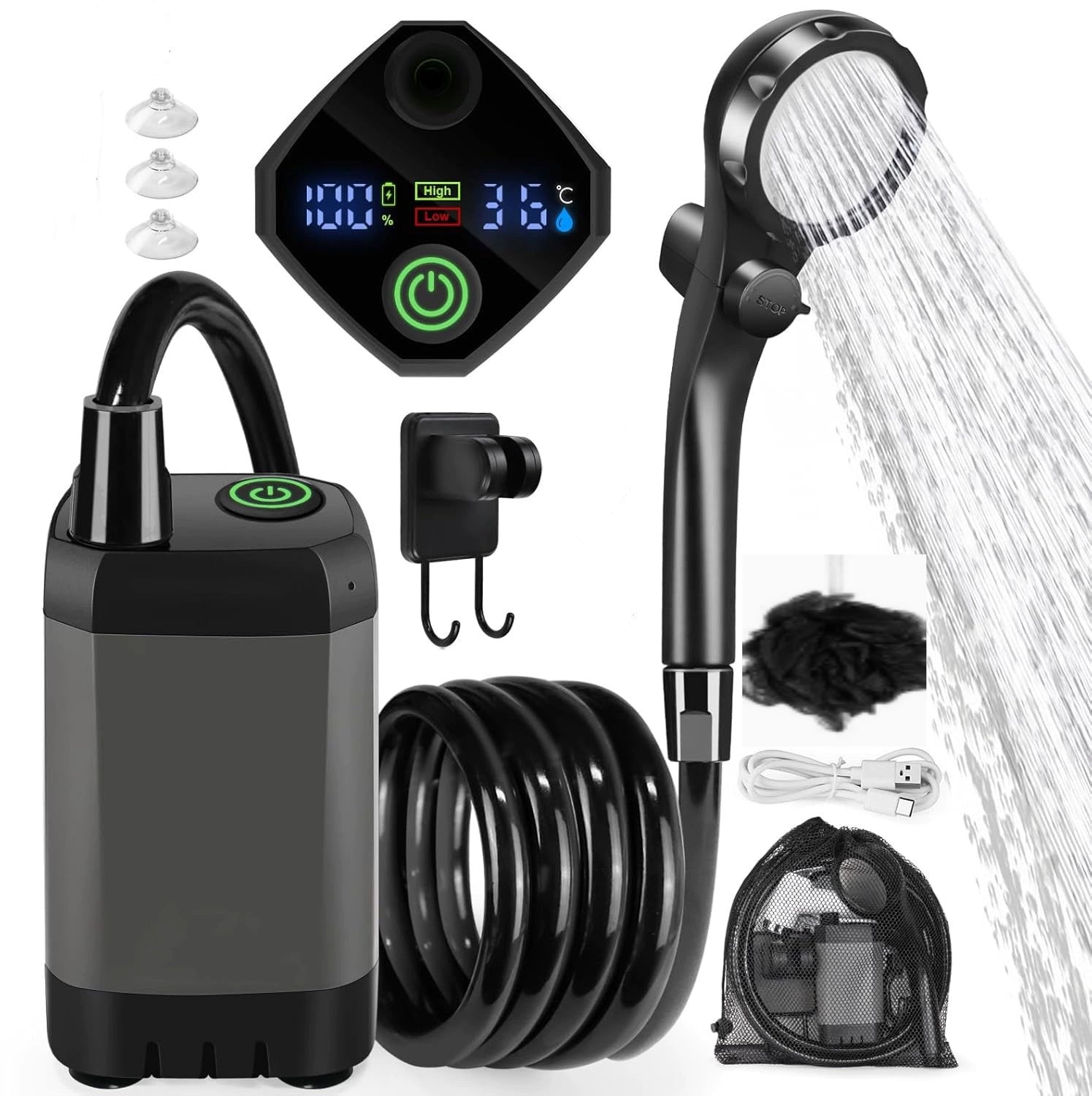 Portable Electric Outdoor Shower Kit – 6000mAh Gray with Bath Flower Attachment | Camping Outdoor Shower
