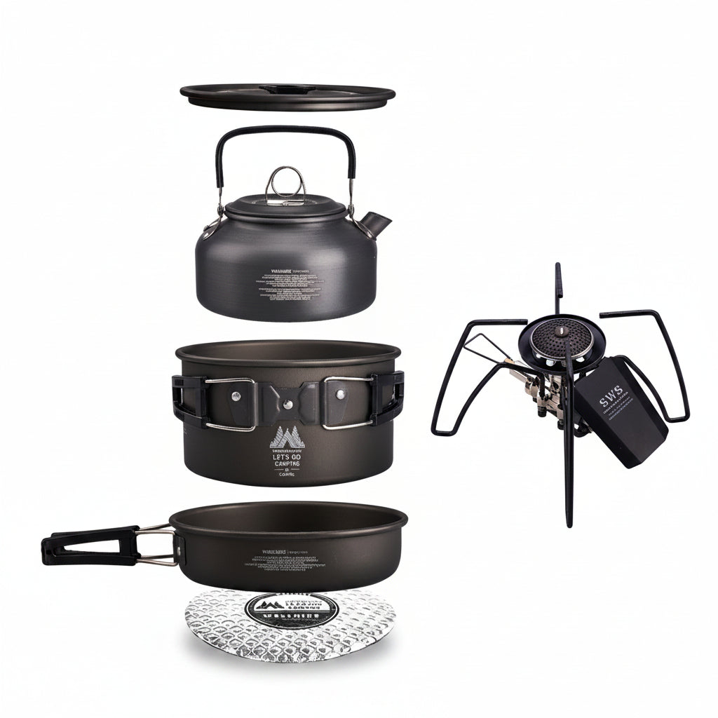 WELLHIKE lightweight camping cookware set with pot mat and black spider stove, aluminum alloy, 1–2 person – kettle 800ml, big pot 1800ml, frying pan 1800ml
