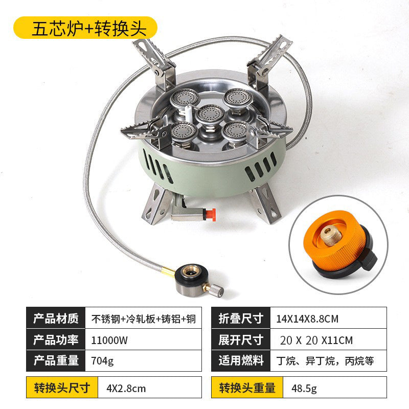 Hike Mount 5-Core Portable Camping Stove - Green with Yellow Fine Particle Converter, Butane Gas, Built-in Ignition, Outdoor Cooking
