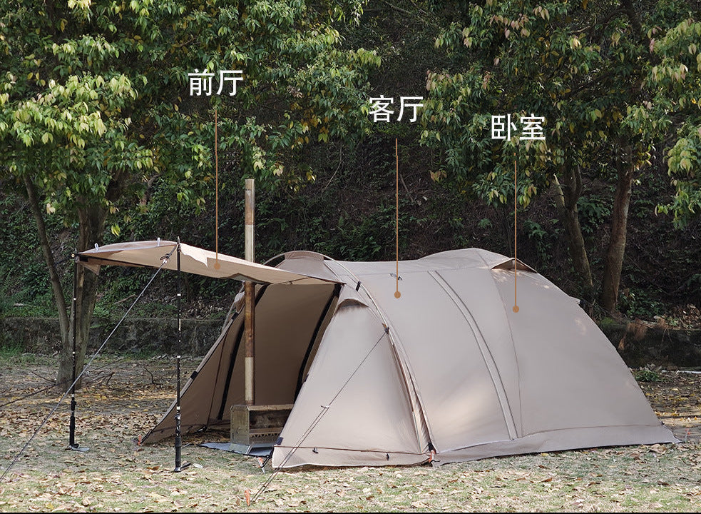 Outdoor Double Tunnel Tent – 4-Season Windproof & Flame-Retardant Camping Tent with Snow Skirt