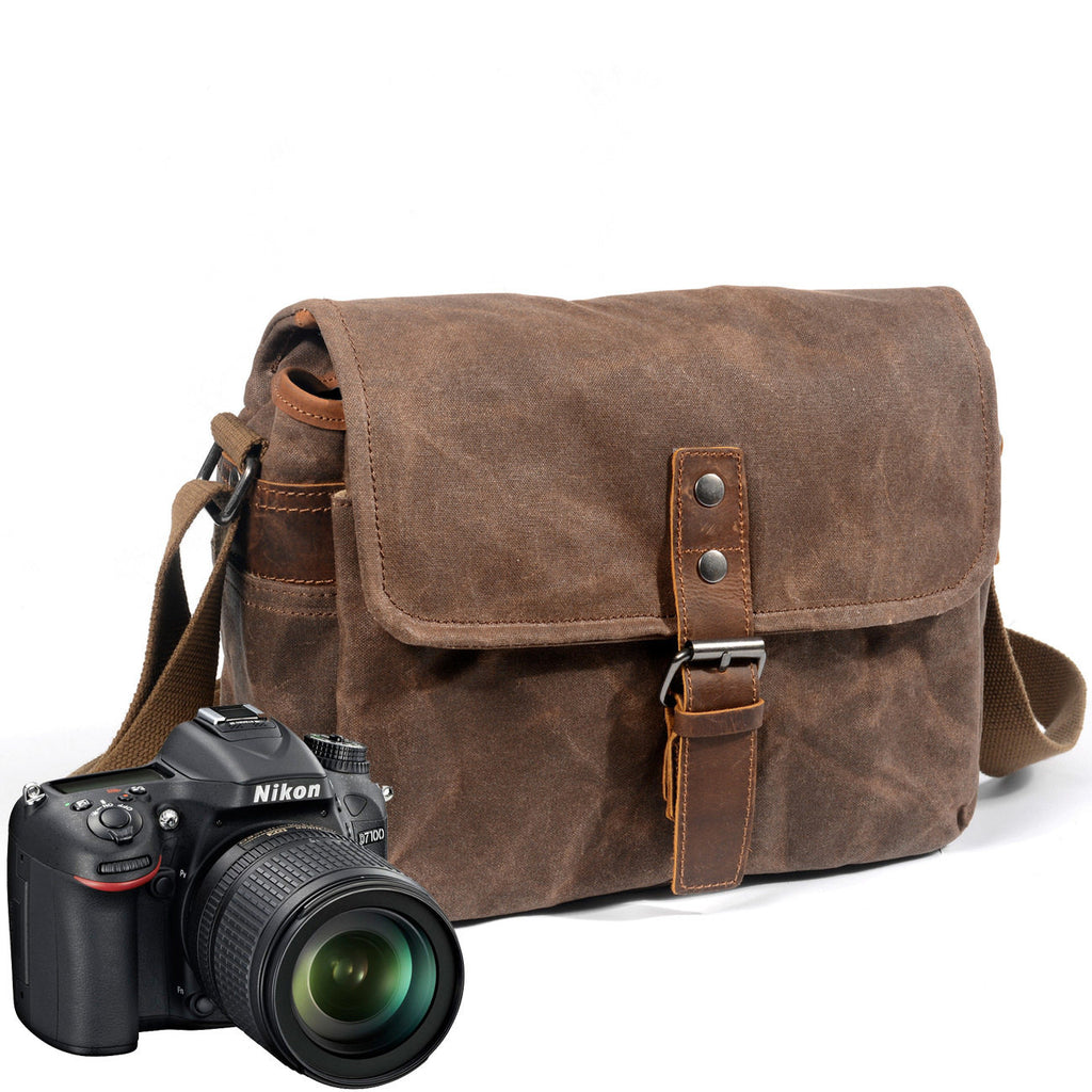 Retro Canvas Camera Bag in Coffee – 30×10×20cm | Waterproof Crossbody Messenger Bag with Removable Camera Divider
