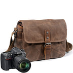 Retro Canvas Camera Bag in Coffee – 30×10×20cm | Waterproof Crossbody Messenger Bag with Removable Camera Divider
