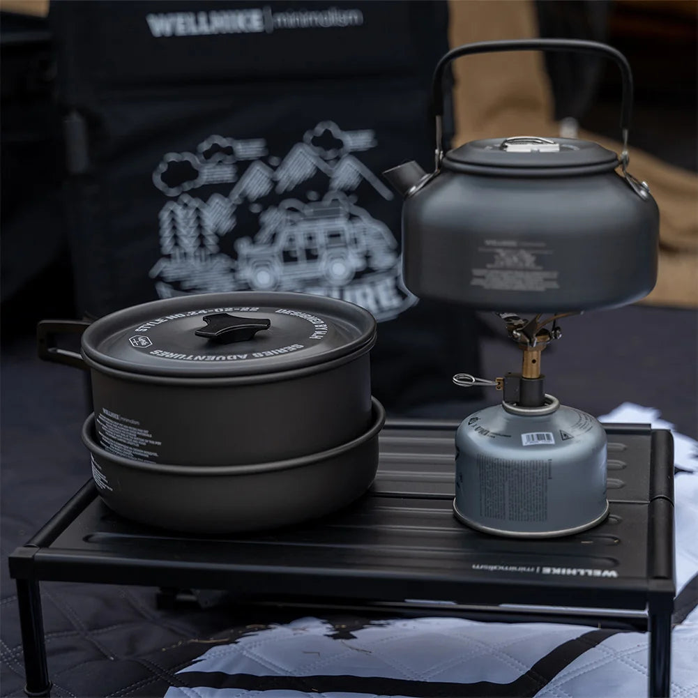 WELLHIKE Lightweight Camping Cookware Set – Pot, Pan, Wok & Kettle (1–2 Person)