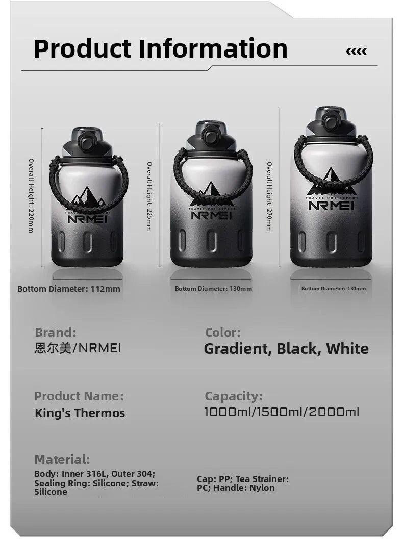 NRMEI King Insulated Bottle – Ice Flower Edition | Large Capacity Titanium-Lined Thermos with Tea Strainer & Straw