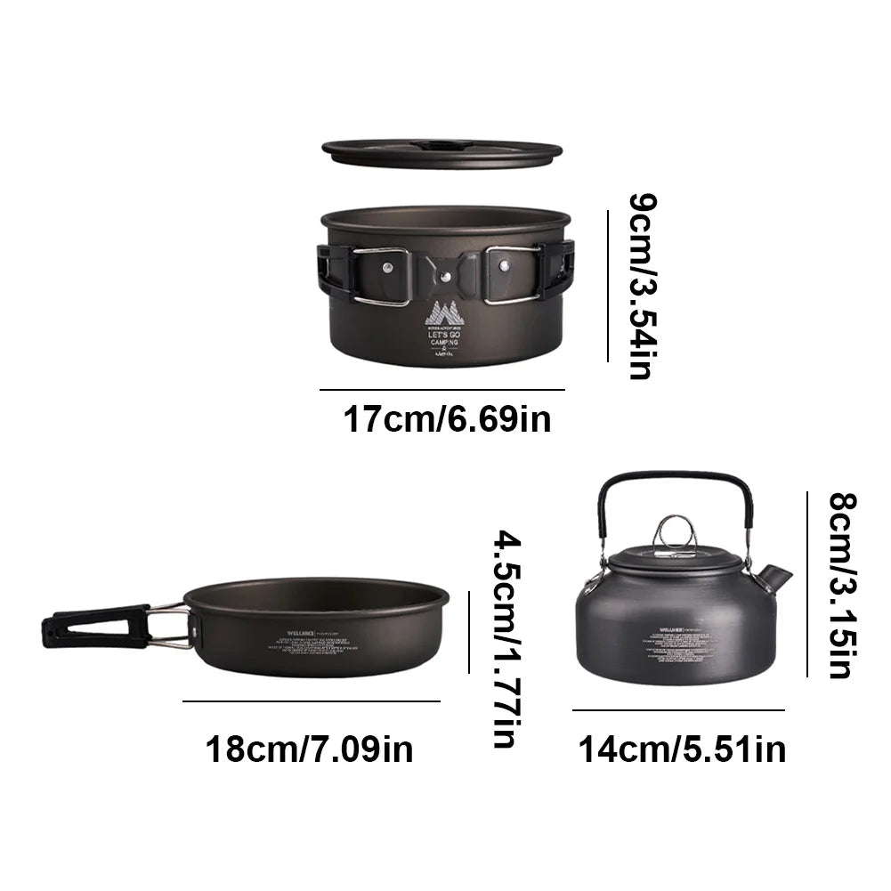 WELLHIKE Lightweight Camping Cookware Set – Pot, Pan, Wok & Kettle (1–2 Person)