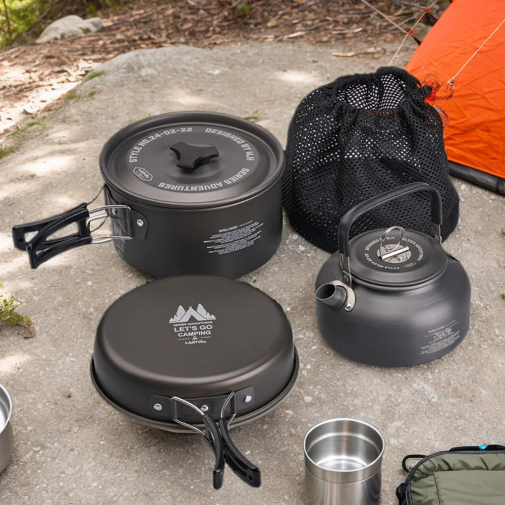 WELLHIKE Lightweight Camping Cookware Set – Pot, Pan, Wok & Kettle (1–2 Person)