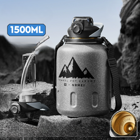 NRMEI King Insulated Bottle – Ice Flower Silver 1500ml, large capacity titanium-lined thermos with tea strainer and straw

